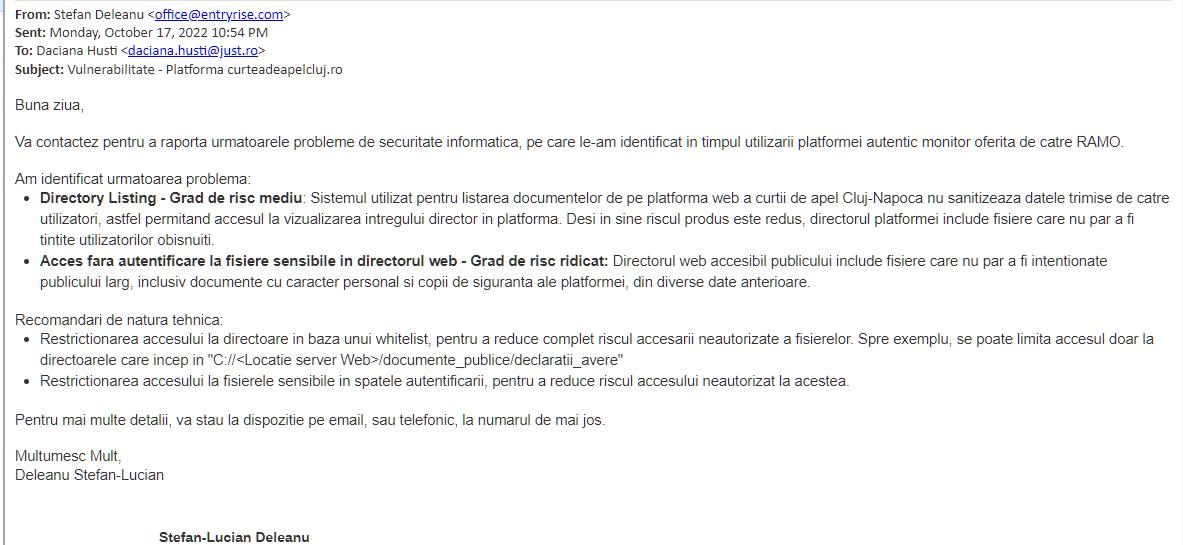 The vulnerability of the Cluj Court of Appeal was initially reported on October 17, 2022.