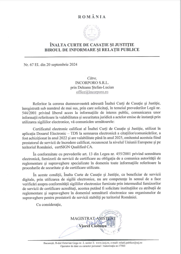 The High Court of Cassation and Justice refuses to provide us with information regarding the electronic seals issued by the courts.