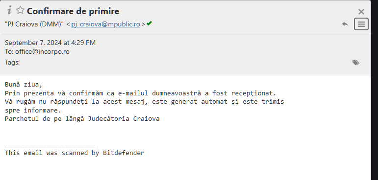 The Prosecutor's Office near the Craiova Court informs us that they received an email from us, although we did not send an email to them, but rather to cacraiova@just.ro, which likely forwarded the document to them.