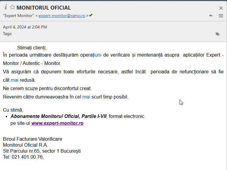 April 4, 2024 - The Official Monitor is conducting "verification and maintenance operations on the Expert Monitor and Authentic Monitor applications."