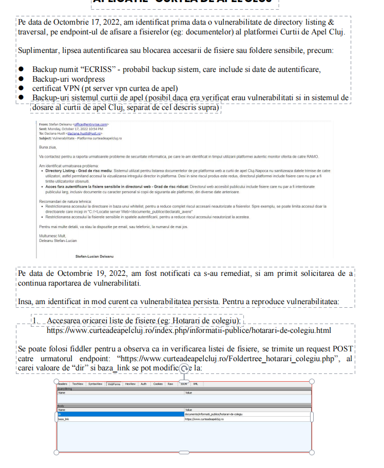 The vulnerability of the Cluj Court of Appeal, also notified to the DNSC, following its resurgence