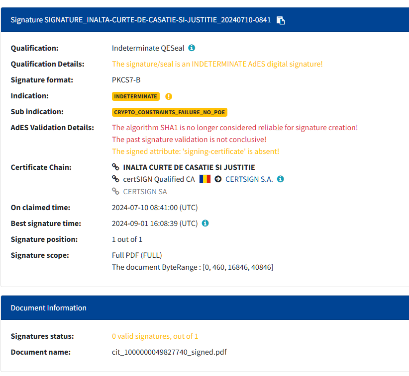 Judgments issued by the High Court of Cassation and Justice in electronic format are null by law.