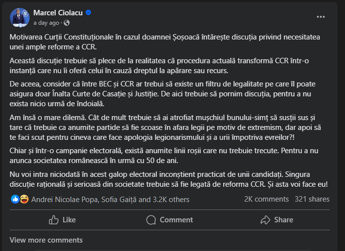 Marcel Ciolacu condemns the decision of the Constitutional Court on 07.10.2024, following the reasoning of the ruling.